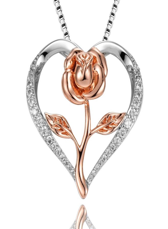 Klurent Rose Necklace for Women, Christmas Necklace with Gift Box, Rose Gold Flower Silver Heart Pendant Unique Necklaces Gift for Wife, Mom, Girlfriend on Christmas, Birthday, Anniversary - Image 1